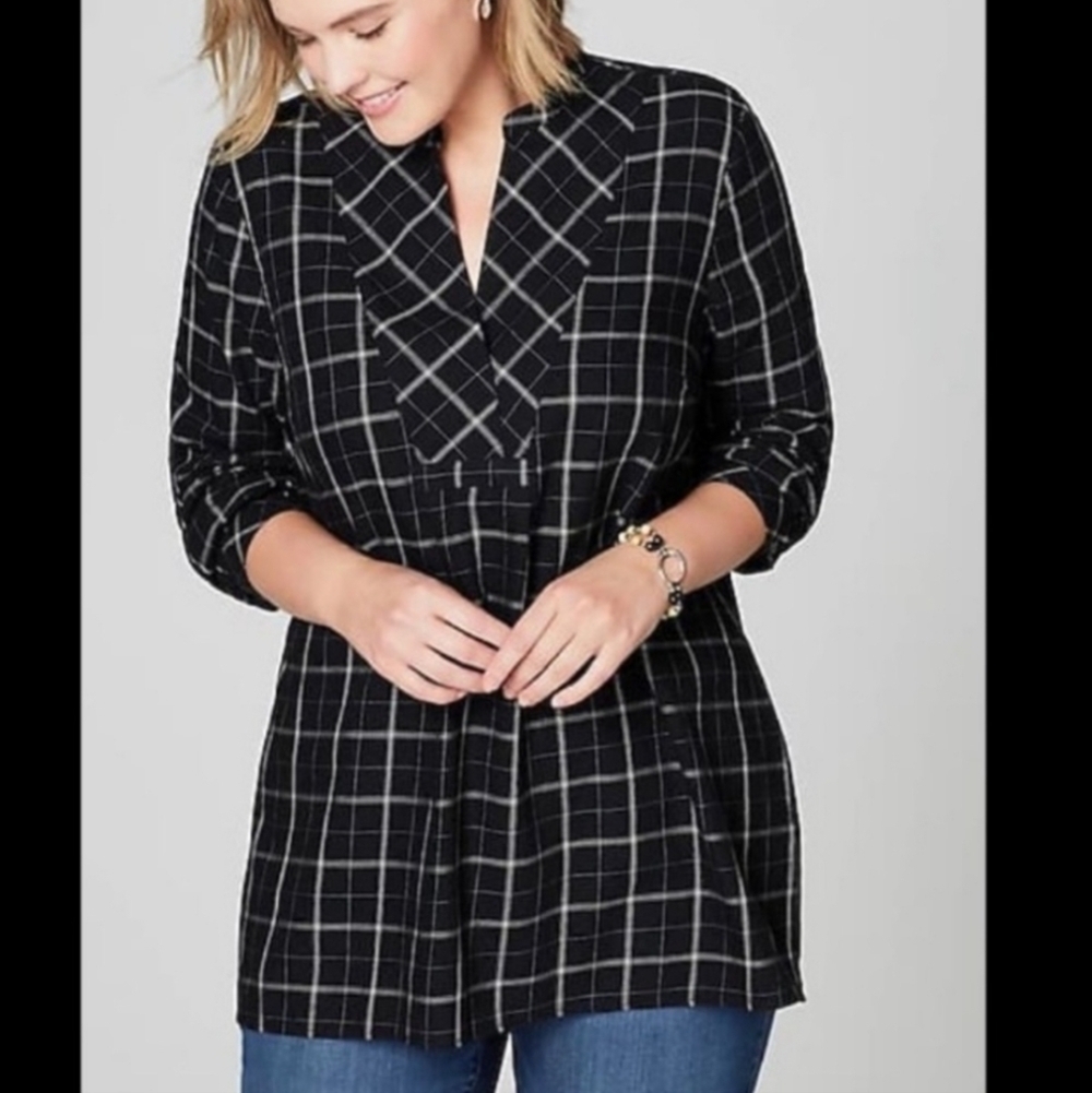 J. Jill 100% Brushed Cotton Relaxed Fit Black Windowpane Plaid Tunic Size L